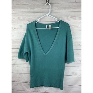 Anthropologie MOTH Sweater Womens Small Deep V Neck Green Rabbit/Cashmere‎